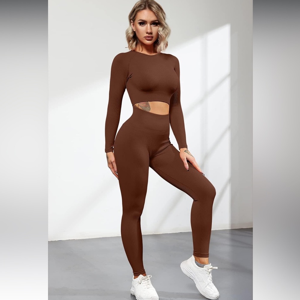 QINSEN 2 Piece Ribbed Long Sleeve Crop Top Tummy Control Leggings Set Sz. S
